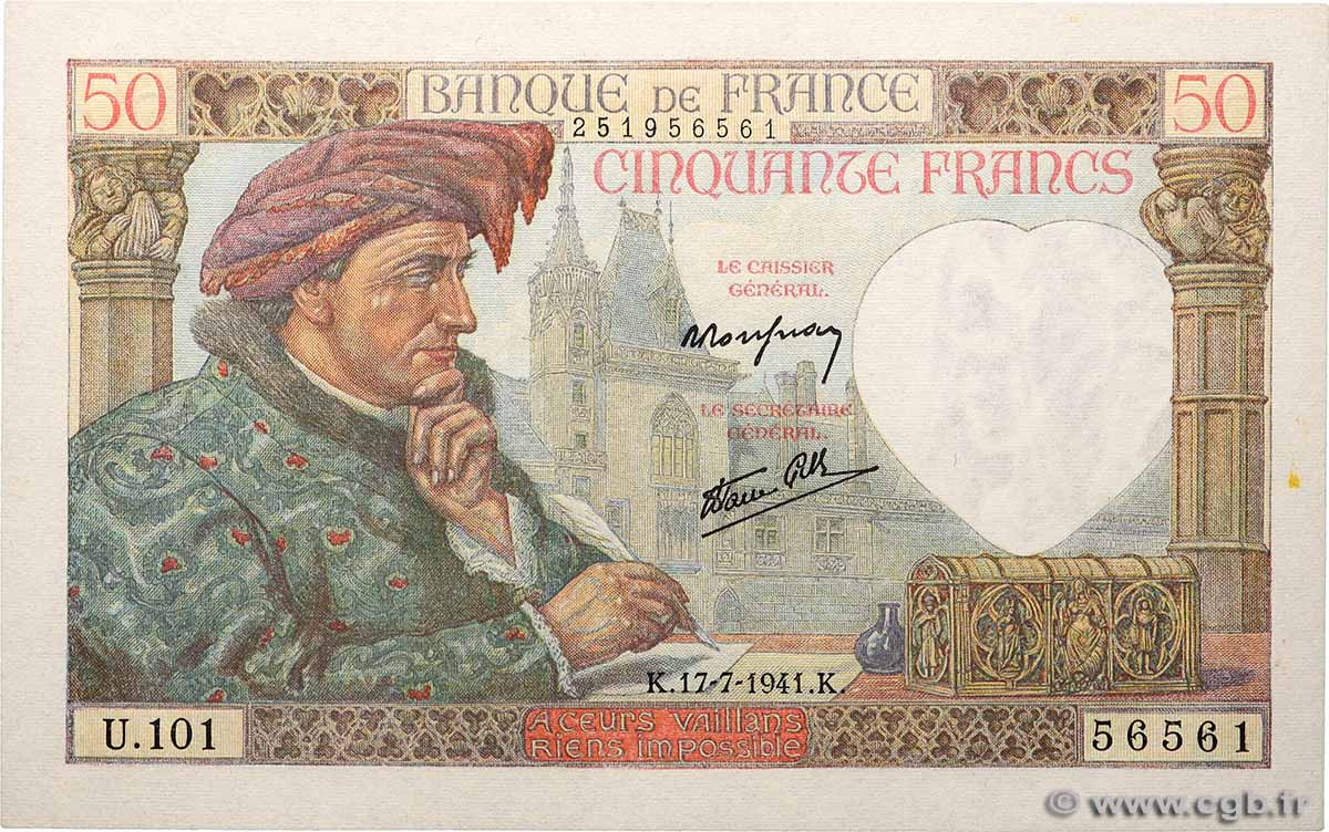 50 Francs JACQUES CŒUR FRANCE  1941 F.19.12 UNC-
