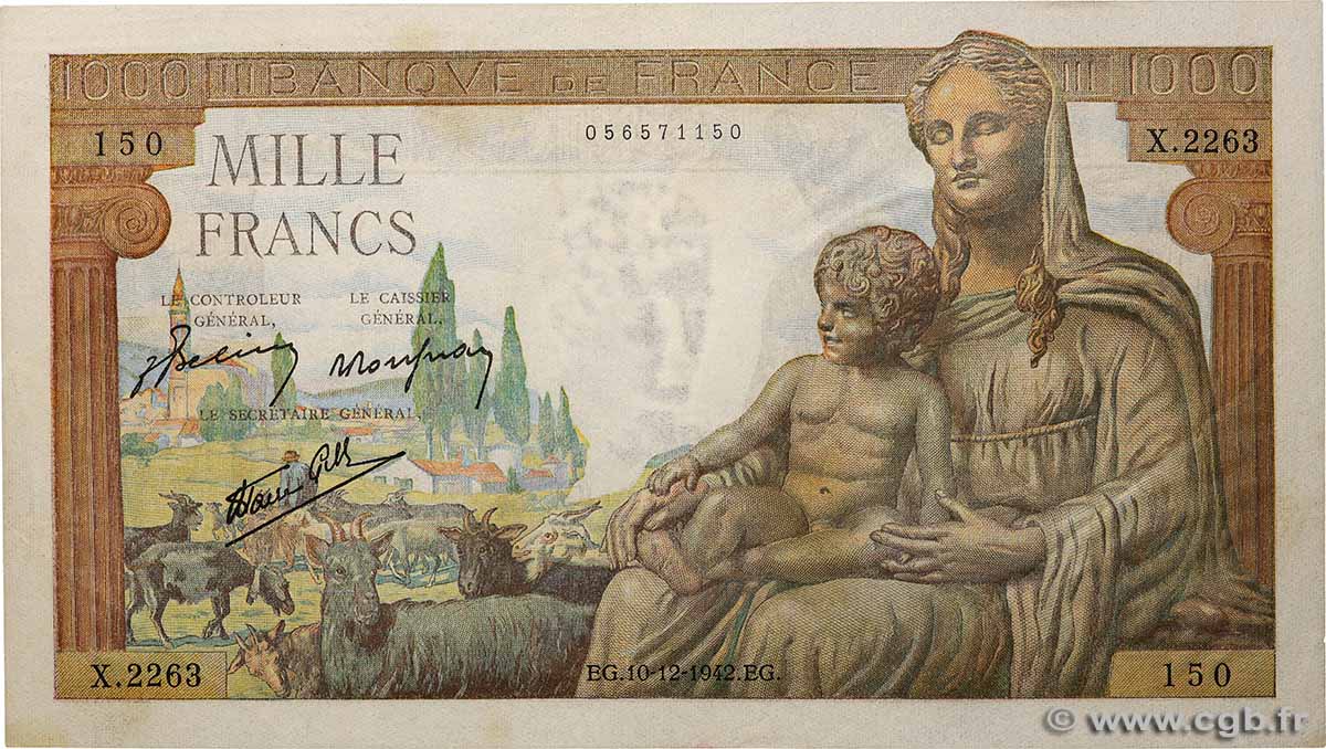 1000 Francs DÉESSE DÉMÉTER FRANCE  1942 F.40.13 XF