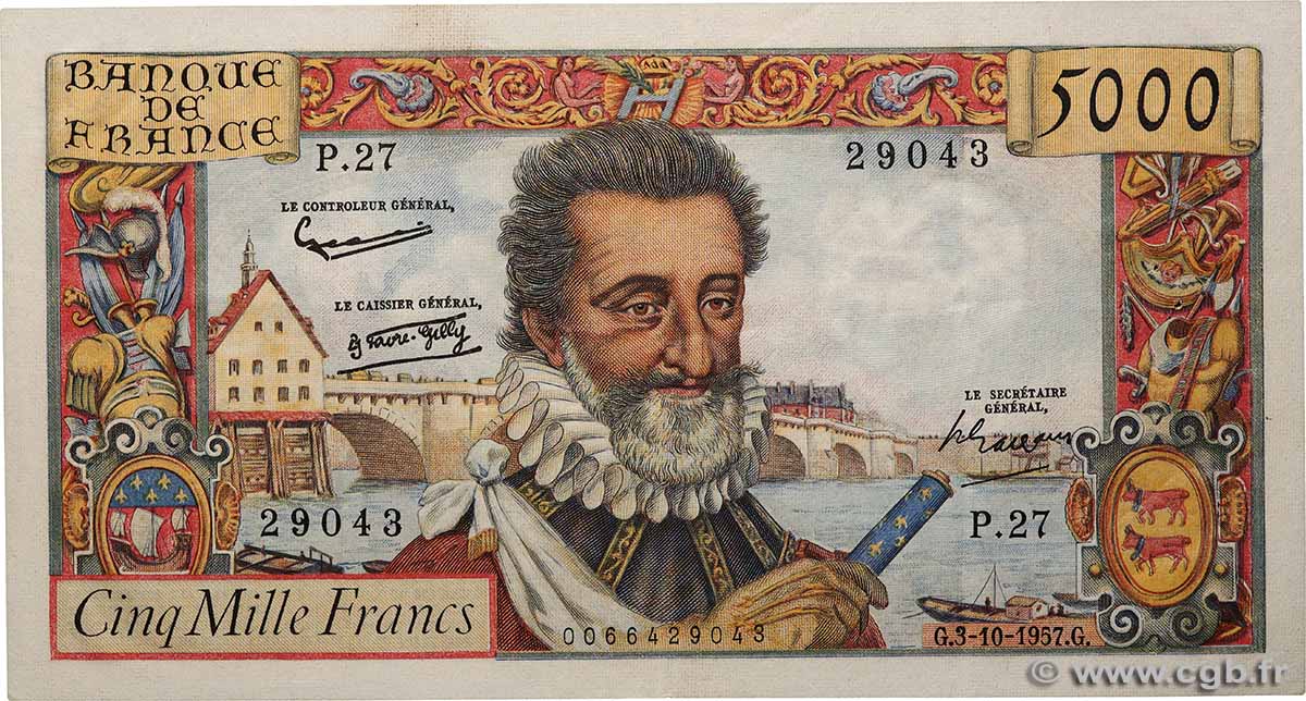 5000 Francs HENRI IV FRANCE  1957 F.49.03 VF+