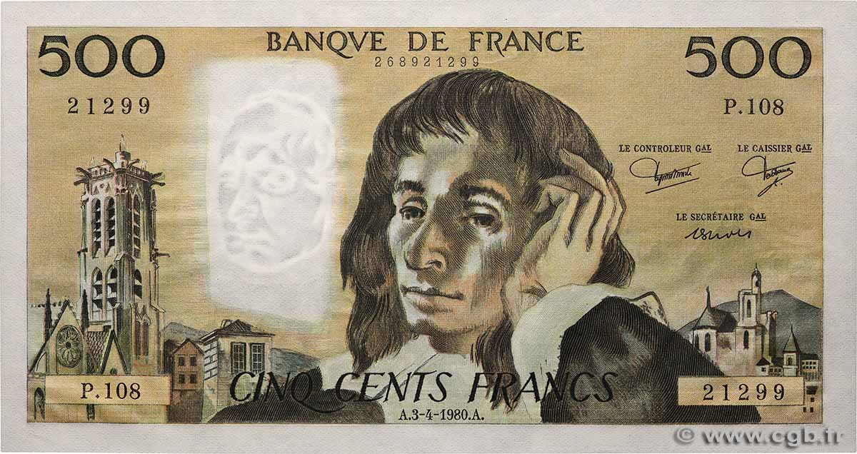 500 Francs PASCAL FRANKREICH  1980 F.71.21 fST+
