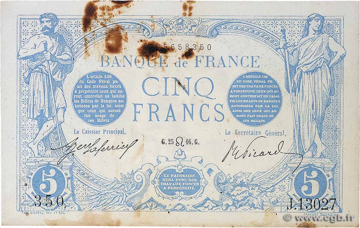 5 Francs BLEU FRANKREICH  1916 F.02.41 SS
