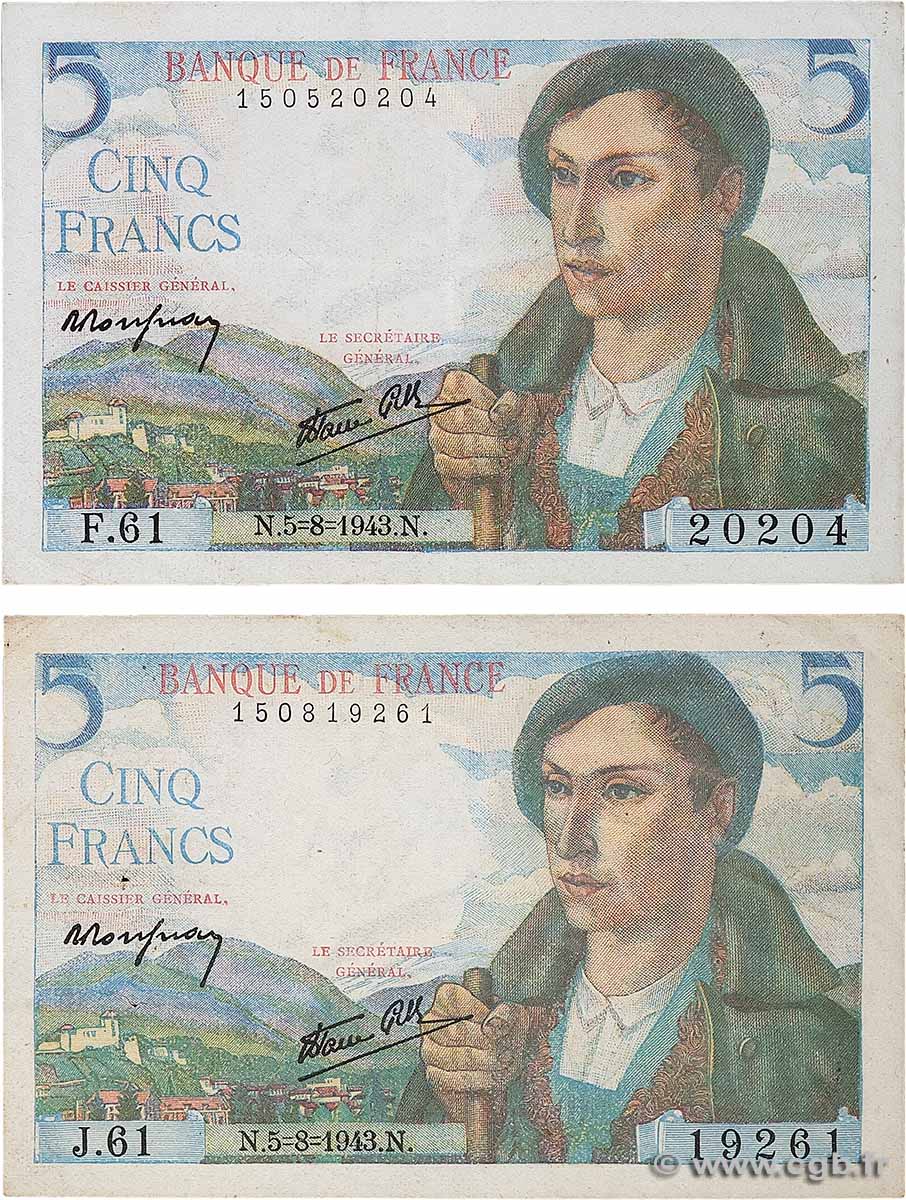5 Francs BERGER Lot FRANKREICH  1943 F.05.03 fVZ