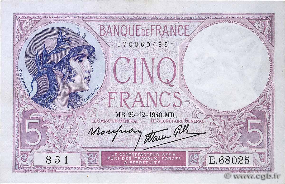 5 Francs FEMME CASQUÉE modifié FRANKREICH  1940 F.04.18 fST