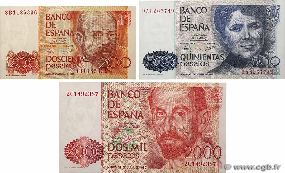 200, 500 et 2000 Pesetas Lot SPAIN  1979 P.156, P.157r et P.159 UNC-