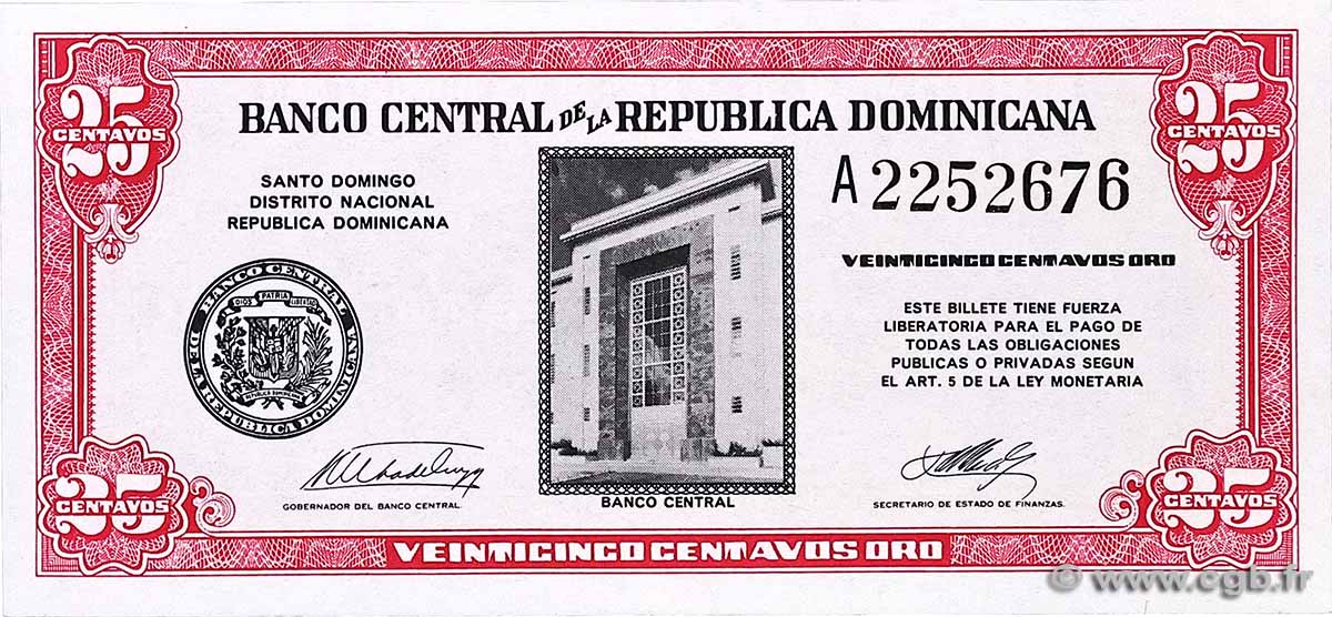 25 Centavos Oro RÉPUBLIQUE DOMINICAINE  1961 P.087a UNC