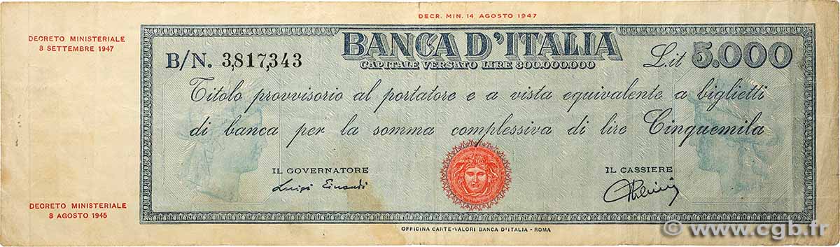 5000 Lire ITALIEN  1947 P.086a fSS