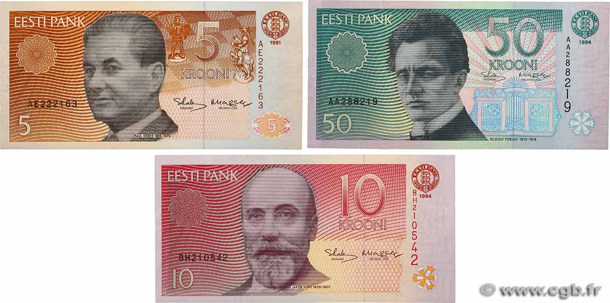 5, 10 et 50 Krooni Lot ESTONIA  1991 P.71a, P.77a et P.78a AU+