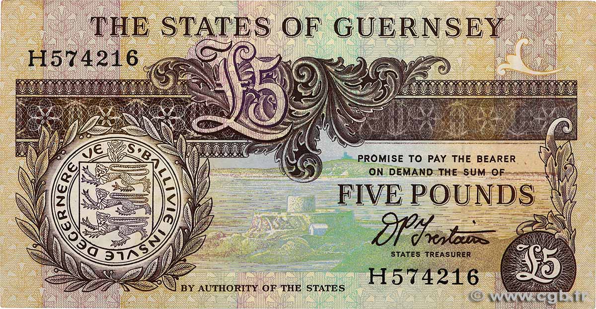 5 Pounds GUERNSEY  1990 P.53b MBC+