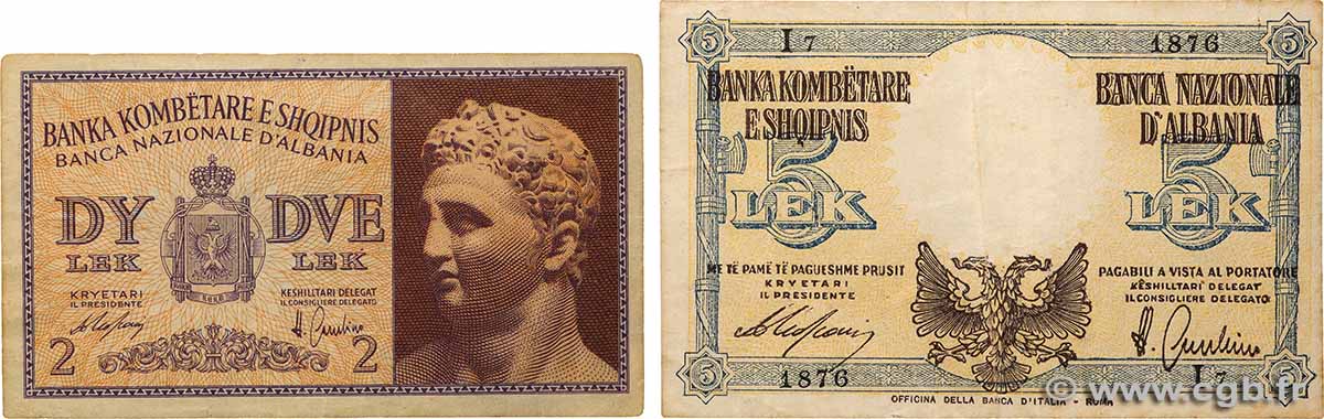 2 et 5 Lek Lot ALBANIE  1940 P.09 et P.10 TTB