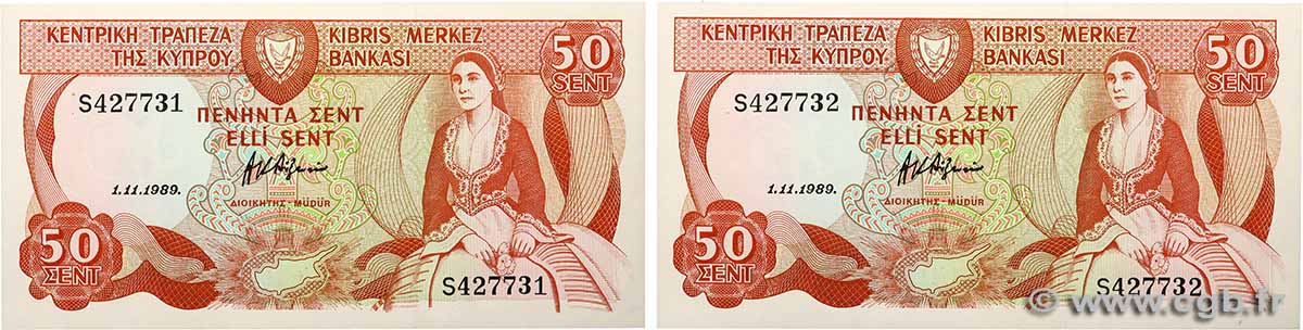 50 Cents Consécutifs CHYPRE  1989 P.52 NEUF