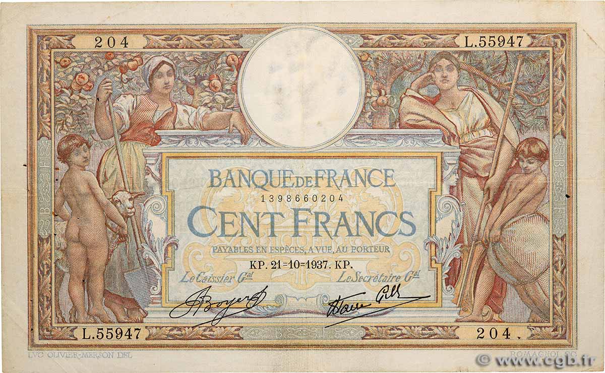 100 Francs LUC OLIVIER MERSON type modifié FRANCE  1937 F.25.03 F+
