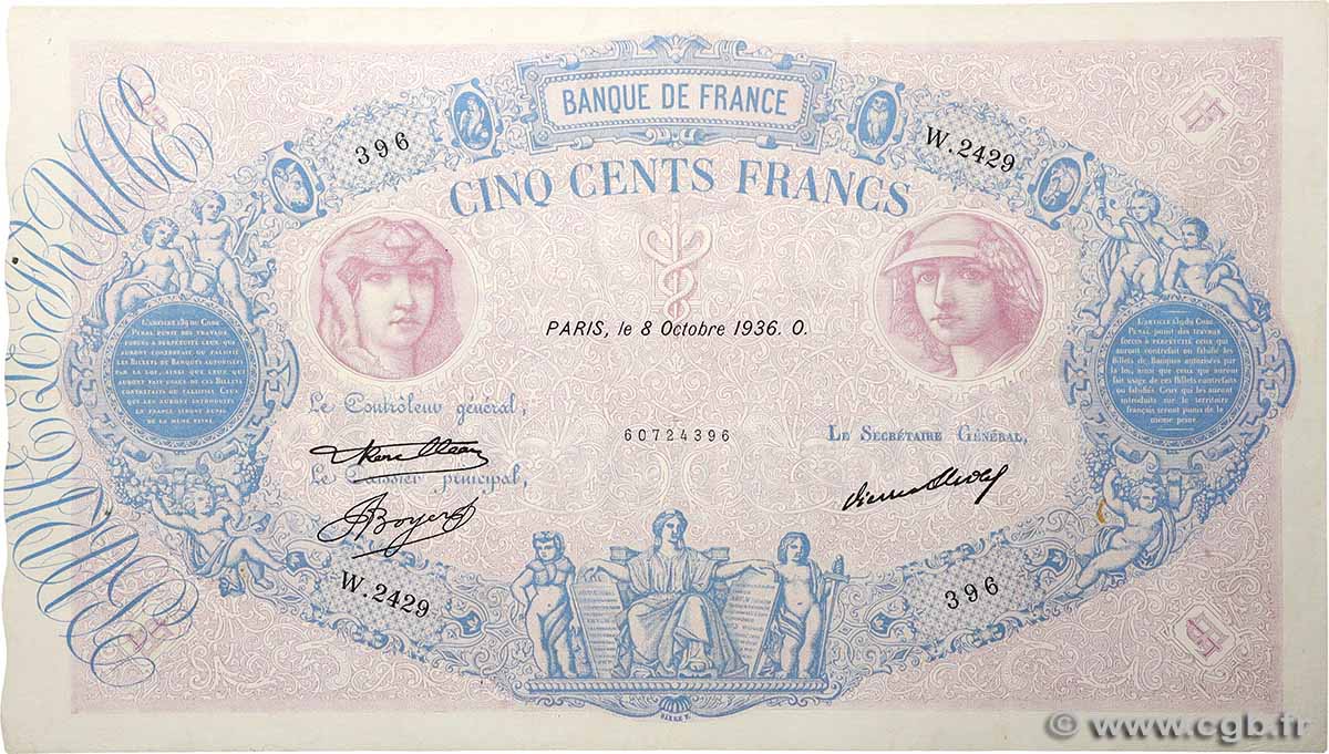 500 Francs BLEU ET ROSE FRANKREICH  1936 F.30.37 SS