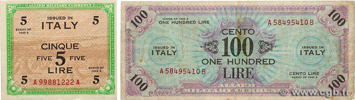 5 et 100 Lire Lot ITALY  1943 PM.18a et PM.21b VF