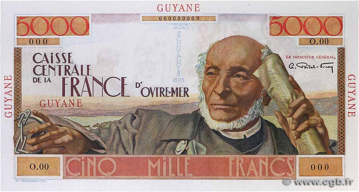 5000 Francs Schoelcher Spécimen FRENCH GUIANA  1946 P.26s FDC