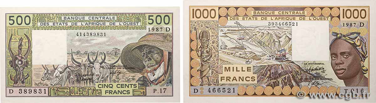 500 et 1000 Francs Lot WEST AFRICAN STATES  1987 P.405Dg et P.406Dh UNC-