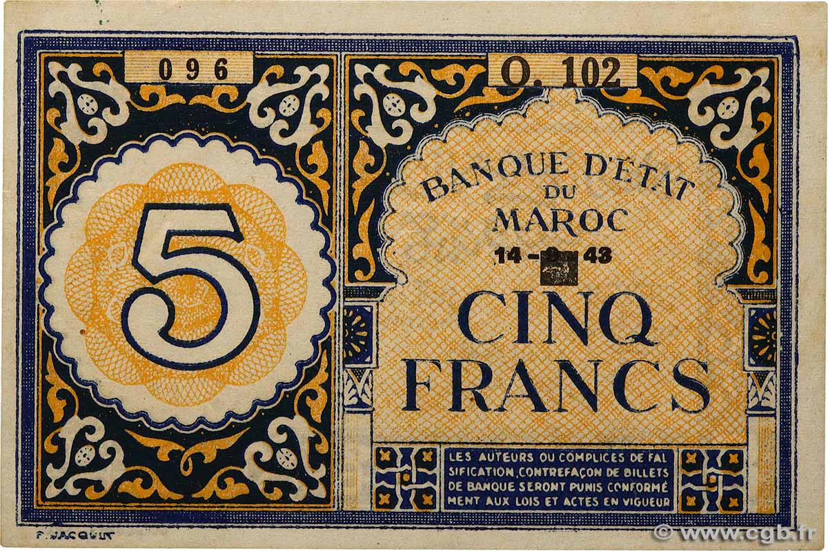 5 Francs MAROKKO  1943 P.33 fST