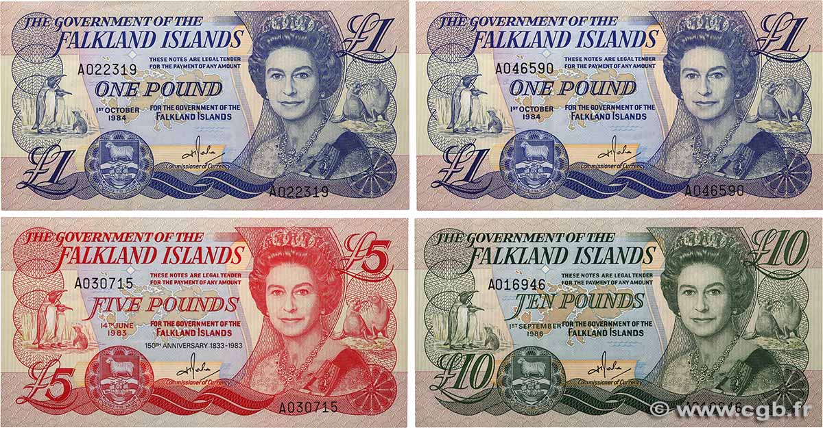 1, 5 et 10 Pounds Lot ÎLES FALKLAND  1983 P.12a, P.13a et P.14a pr.NEUF