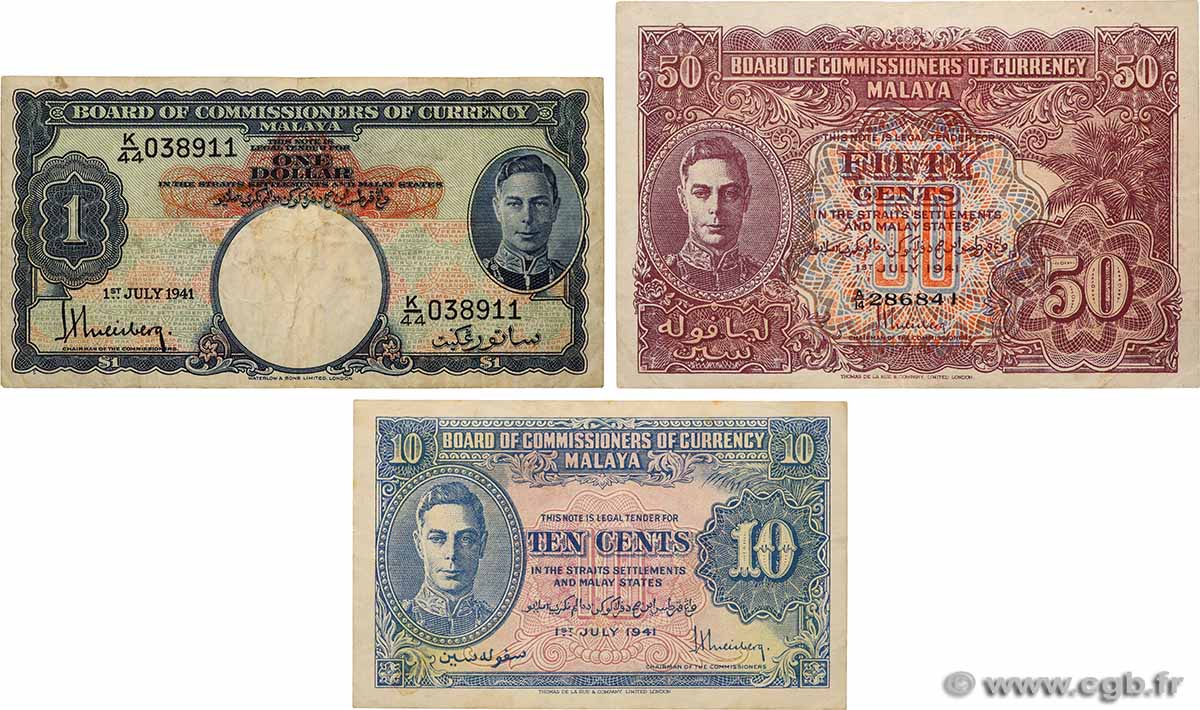 10,  50 Cents et 1 Dollar Lot MALAYA  1941 P.08, P.10a et P.11 TB à TTB
