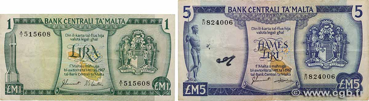 1 et 5 Liri Lot MALTE  1973 P.31a et P.32e TB+