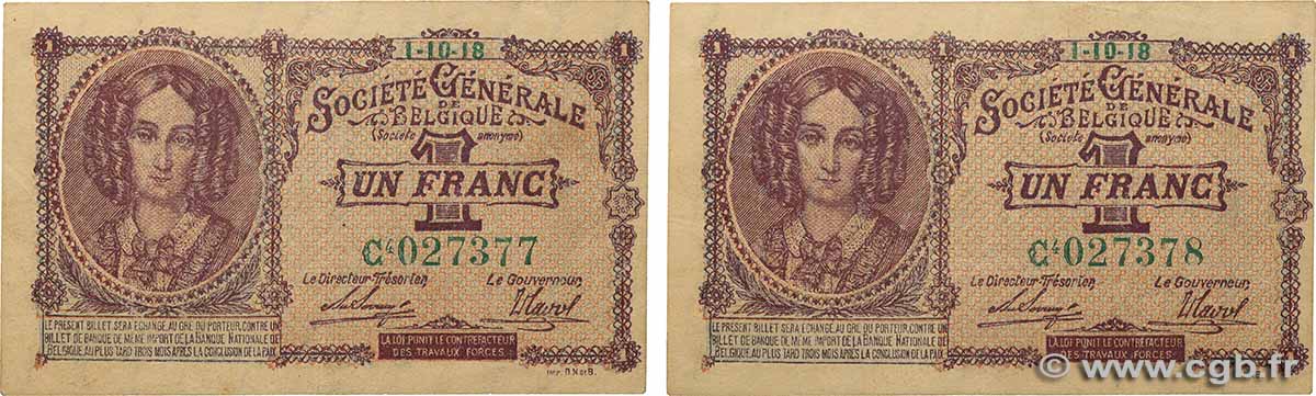 1 Franc Consécutifs BELGIQUE  1918 P.086b SUP