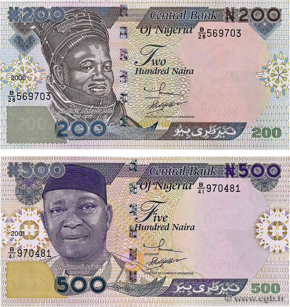 200 et 500 Naira Lot NIGERIA  2000 P.29a et P.30a UNC-