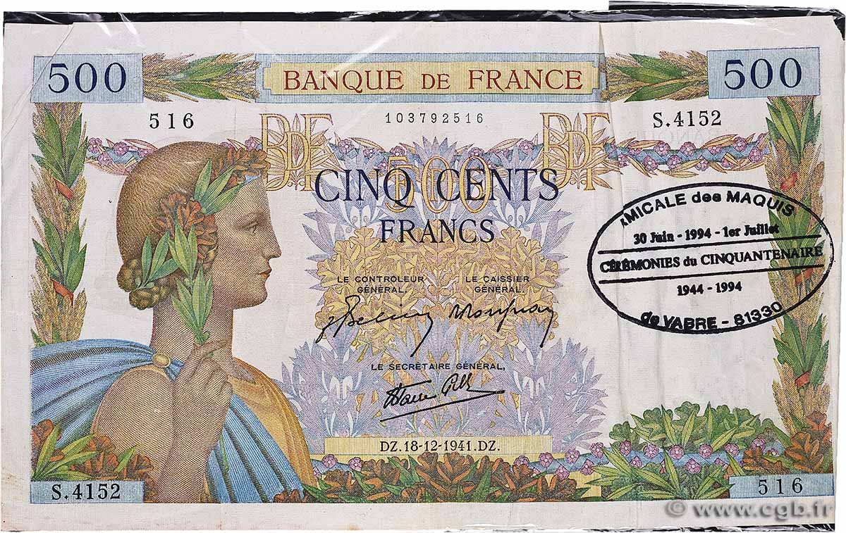 500 Francs LA PAIX Commémoratif FRANCE  1941 F.32.25 VF-