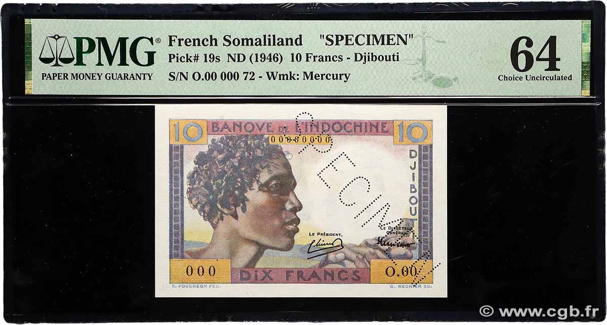 10 Francs Spécimen DJIBOUTI  1946 P.19s pr.NEUF