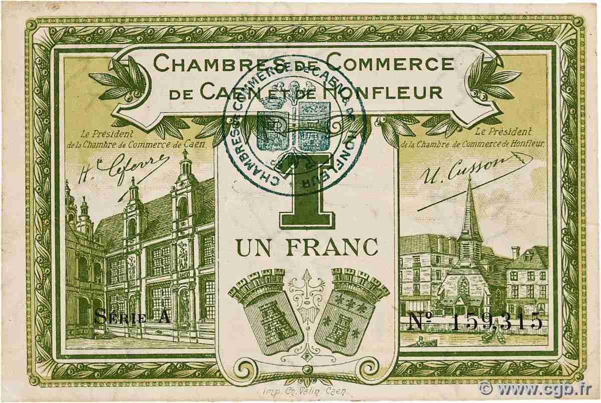 1 Franc FRANCE regionalism and various Caen et Honfleur 1918 JP.034.14 VF+