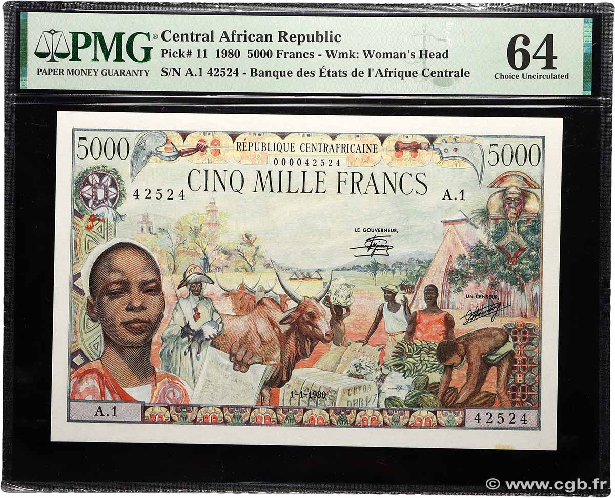 5000 Francs type 1962 Numéro radar CENTRAFRIQUE  1980 A.190a pr.NEUF