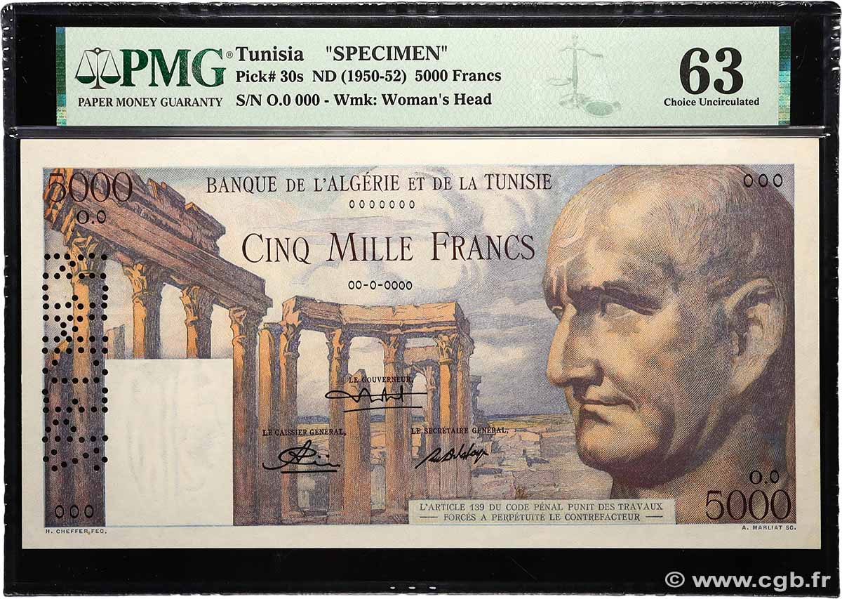 5000 Francs Spécimen TUNISIE  1950 P.30s SPL