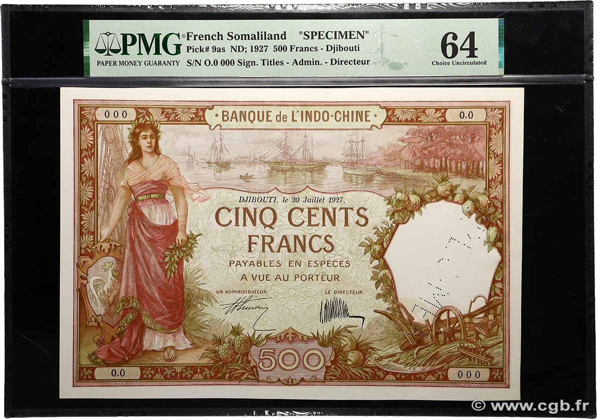 500 Francs Spécimen DJIBOUTI  1927 P.09as pr.NEUF