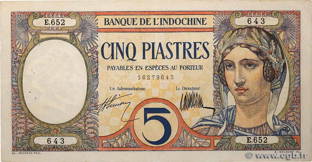 5 Piastres FRANZÖSISCHE-INDOCHINA  1927 P.049b SS