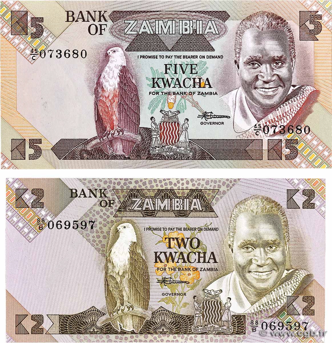 2 et 5 Kwacha Lot ZAMBIA  1980 P.24c UNC-