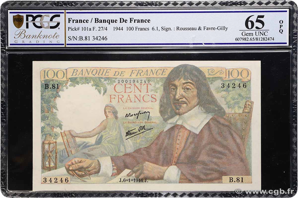 100 Francs DESCARTES FRANCE  1944 F.27.04 NEUF