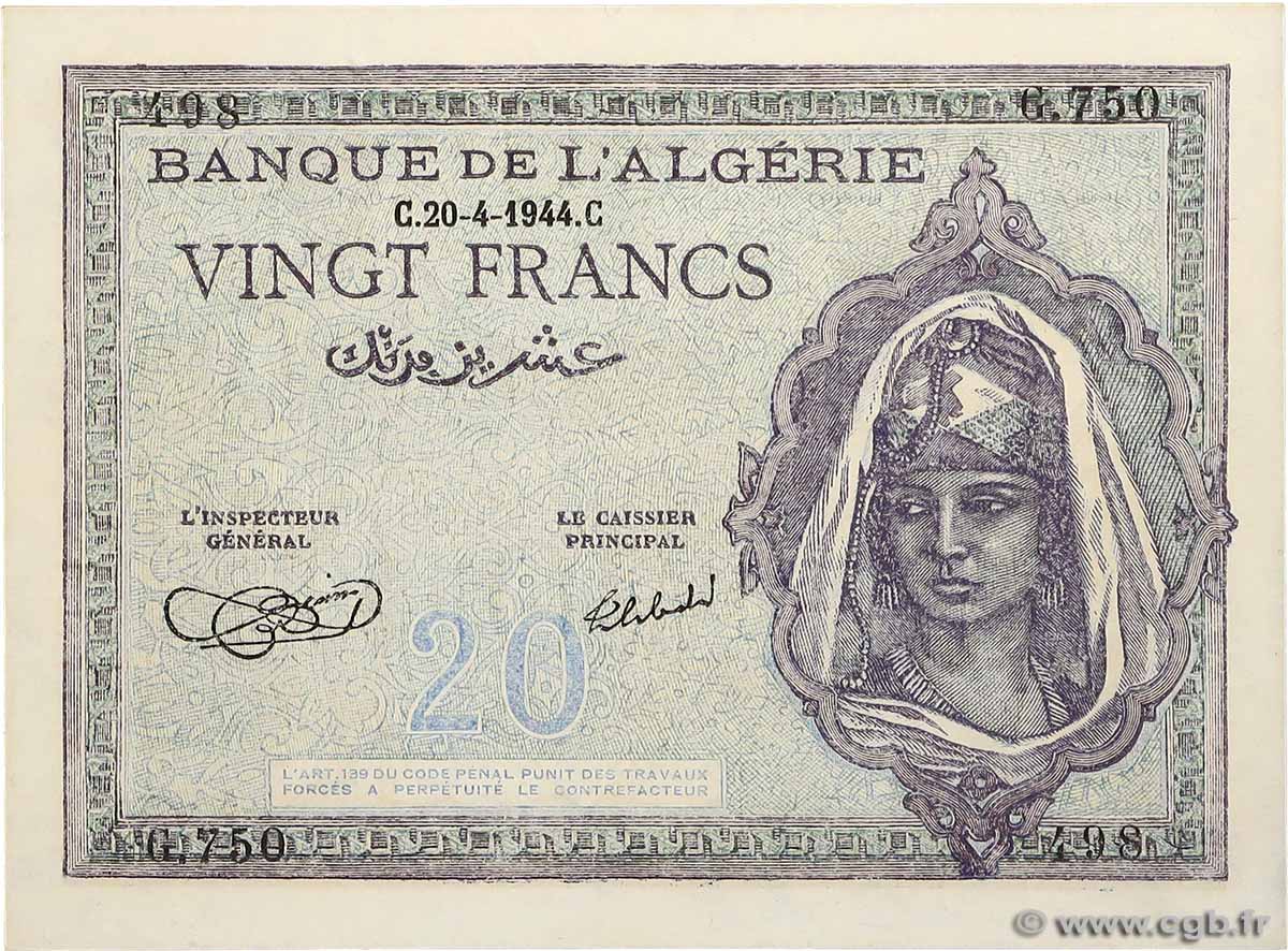 20 Francs ALGÉRIE  1944 P.092b pr.NEUF