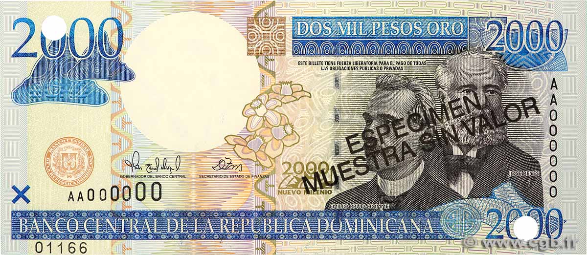2000 Pesos Oro Spécimen RÉPUBLIQUE DOMINICAINE  2000 P.164s NEUF