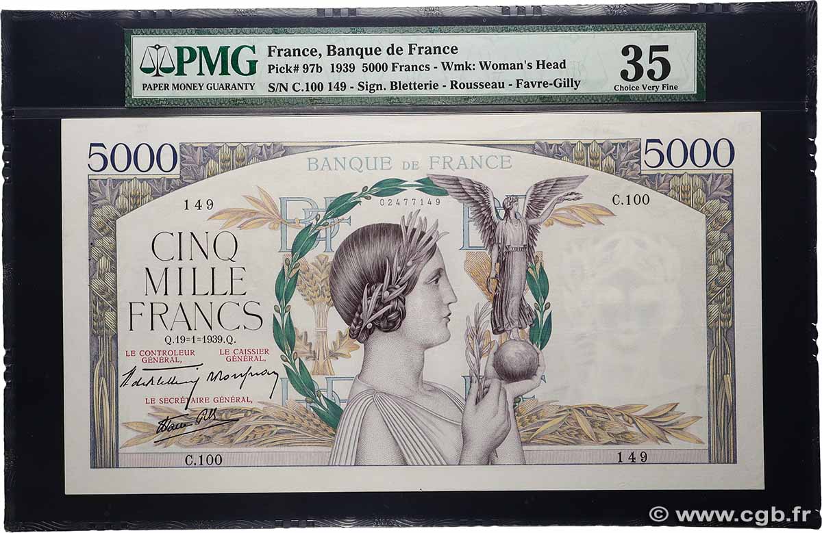 5000 Francs VICTOIRE Impression à plat FRANKREICH  1939 F.46.02 fVZ