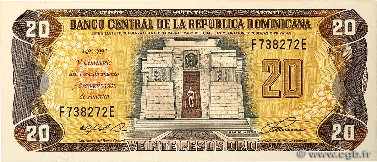 20 Pesos Oro Commémoratif RÉPUBLIQUE DOMINICAINE  1992 P.139a pr.NEUF