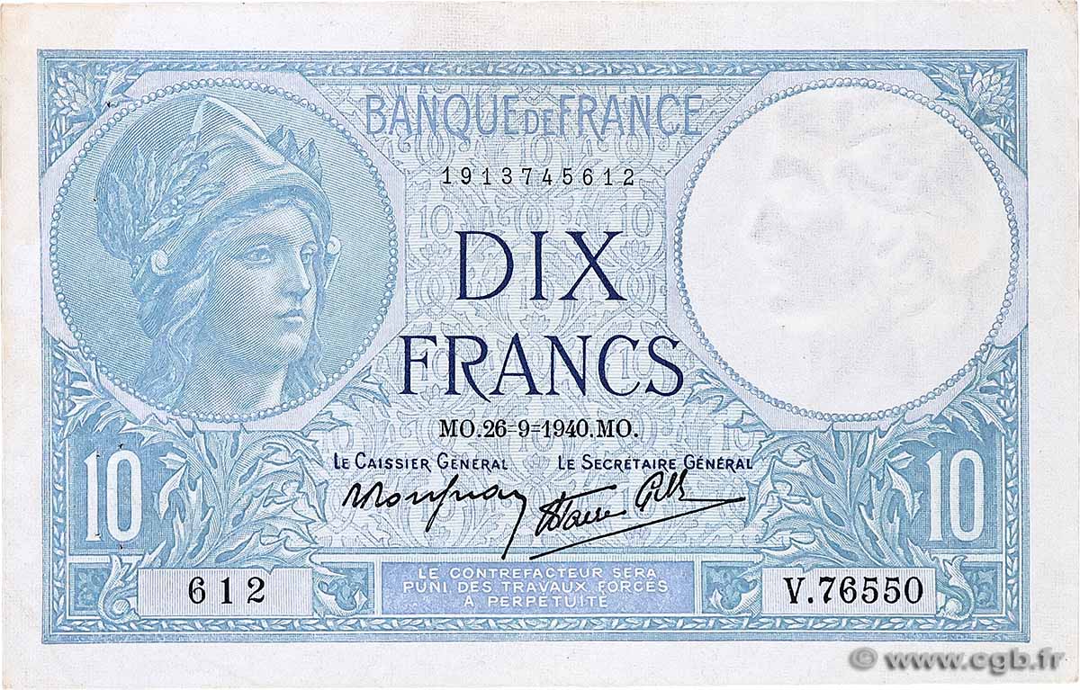 10 Francs MINERVE modifié FRANCIA  1940 F.07.15 MBC