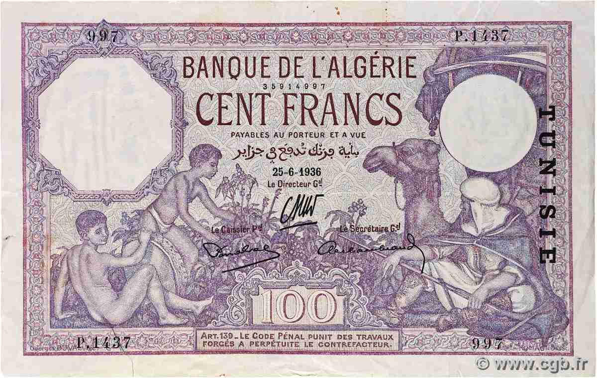 100 Francs TUNISIA  1936 P.10c F+