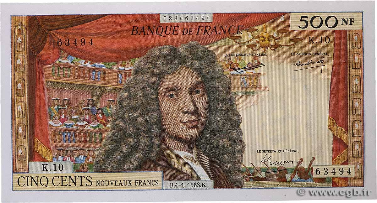 500 Nouveaux Francs MOLIÈRE FRANCE  1963 F.60.04 XF+