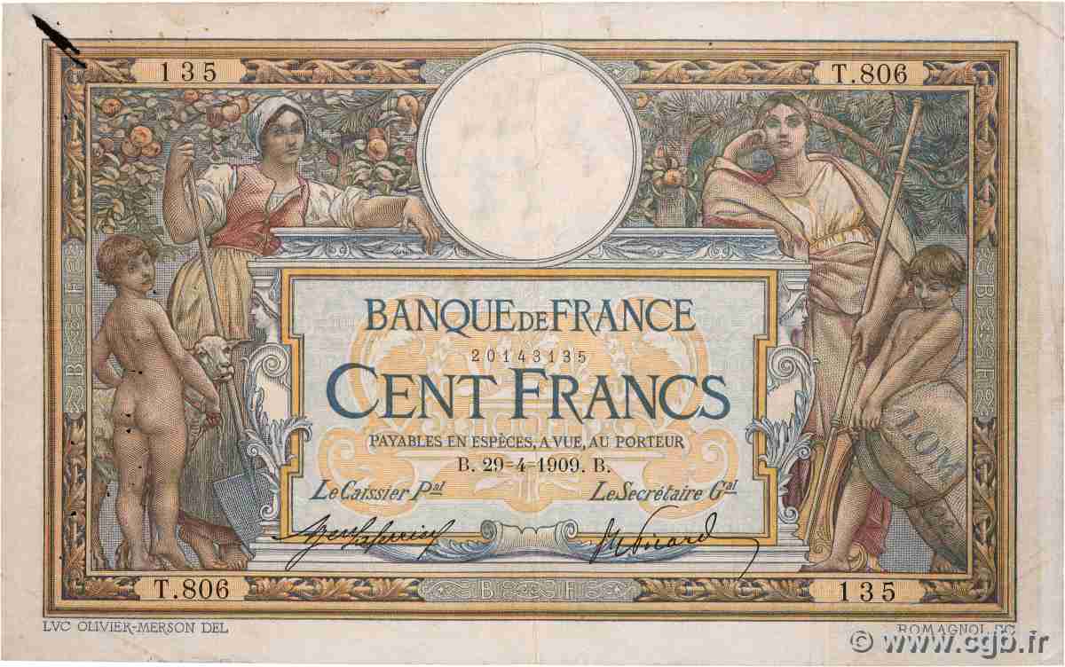 100 Francs LUC OLIVIER MERSON avec LOM FRANKREICH  1909 F.22.02 fS