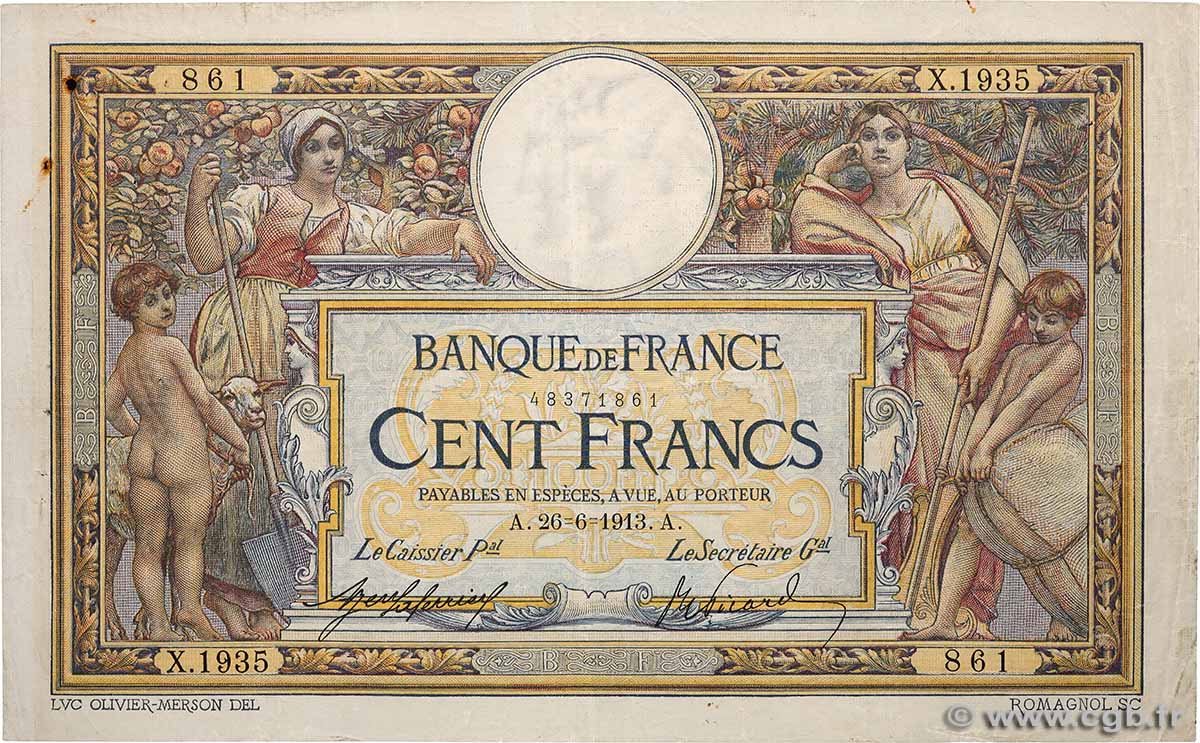 100 Francs LUC OLIVIER MERSON sans LOM FRANCE  1913 F.23.05 TB