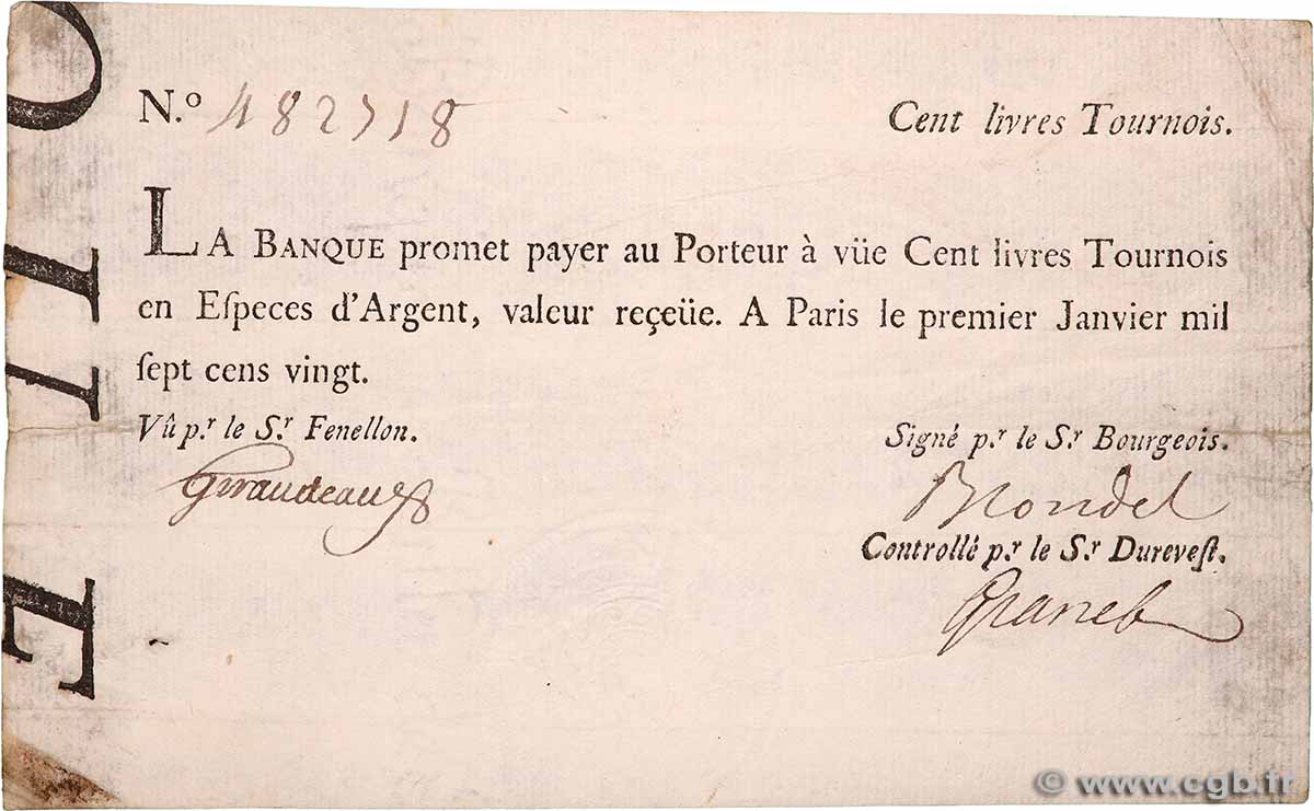 100 Livres Tournois typographié FRANCE  1720 Dor.26 VF