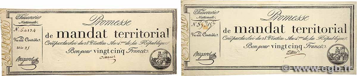 25 Francs sans et avec série Lot FRANCE  1796 Ass.59a et Ass.59b TTB+