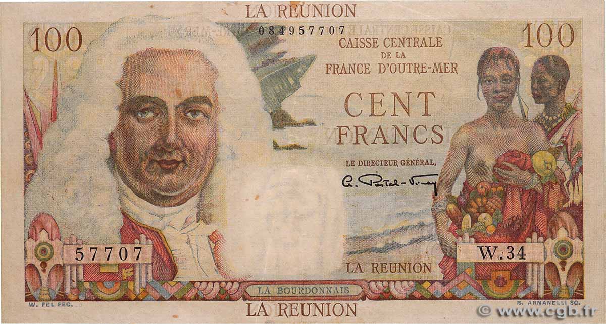 100 Francs La Bourdonnais REUNION INSEL  1946 P.45a fVZ