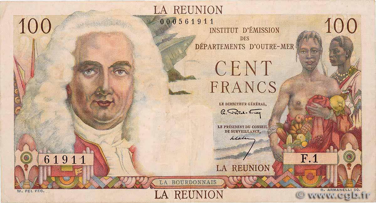 100 Francs La Bourdonnais REUNION  1960 P.49a VF