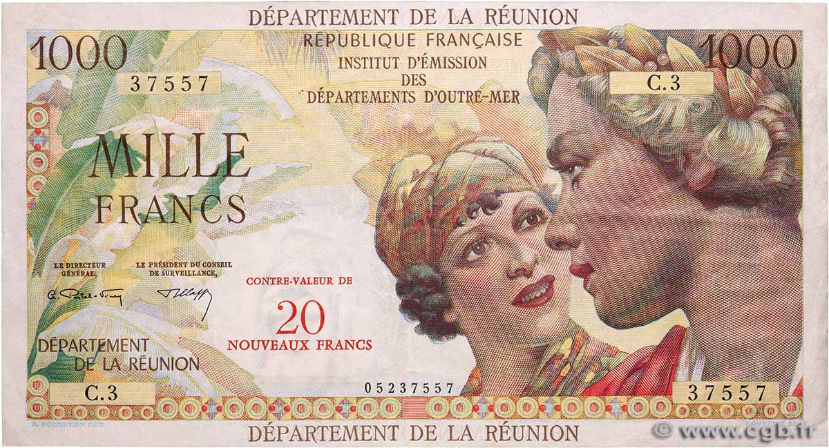 20 NF sur 1000 Francs Union Française REUNION INSEL  1971 P.55b SS