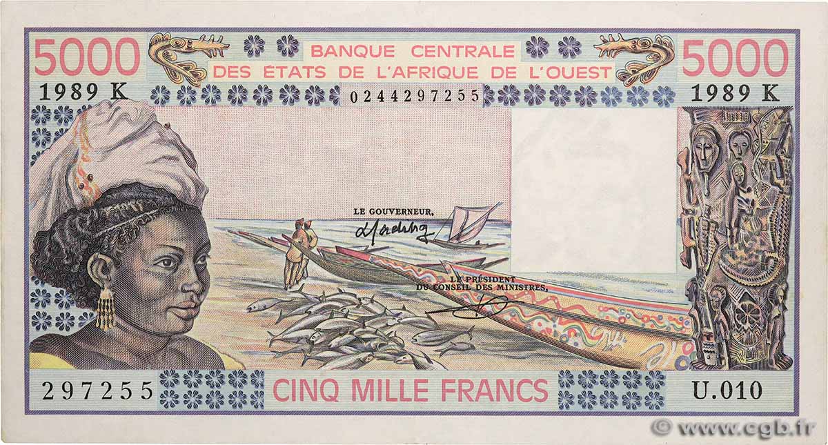 5000 Francs WEST AFRICAN STATES  1989 P.708Ke XF+