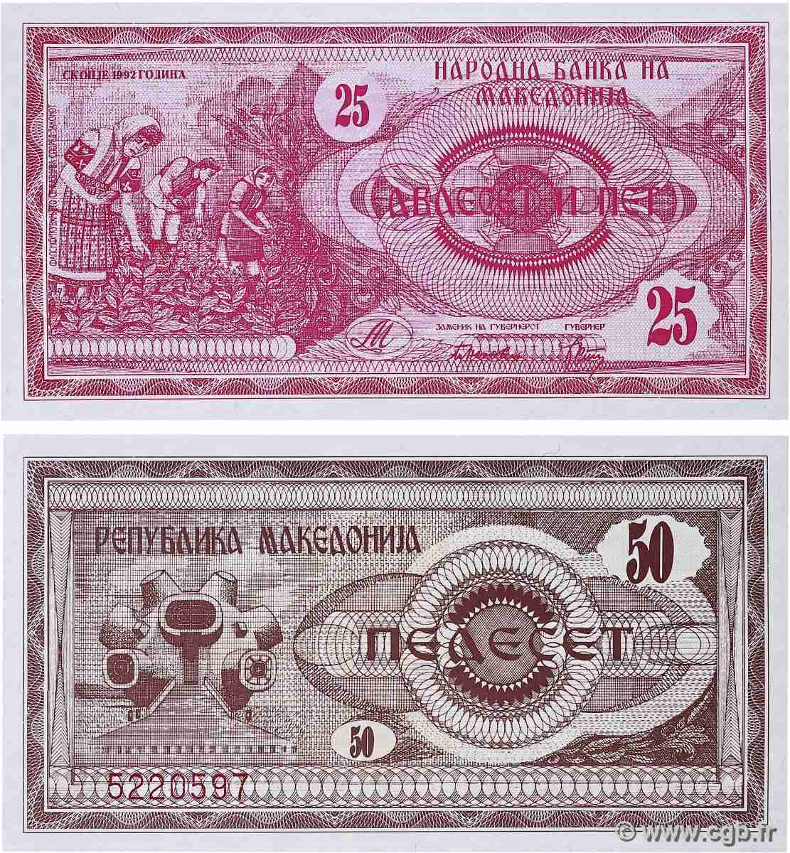 25 et 50 Denari Lot MACÉDOINE DU NORD  1992 P.02a et P.03a NEUF